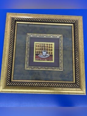 Framed Coffee Cup Wall Art in Gold and Olive